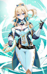 1girl absurdres blonde_hair blue_eyes bow breasts capelet cleavage closed_mouth gauntlets genshin_impact hair_bow highres holding holding_sword holding_weapon jean_(genshin_impact) long_sleeves looking_at_viewer medium_hair pants ponytail shirt smile solo standing strapless strapless_shirt sword tight_clothes tight_pants weapon white_pants wuzhihuijia
