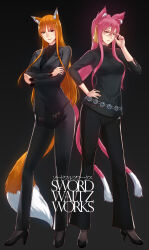 Rule 34 | 2girls, adjusting eyewear, alternate costume, animal ear fluff, animal ears, bell-bottoms, black background, black footwear, black suit, black sweater, blazblue, brown hair, business suit, cat ears, cat tail, catherine (game), collarbone, commission, cosplay, covered collarbone, crossed arms, formal clothes, full body, glasses, grey nails, hair ribbon, hand on own hip, high heels, highres, holo, katherine mcbride, katherine mcbride (cosplay), kokonoe (blazblue), light smile, lipstick, long bangs, long hair, looking at viewer, makeup, multiple girls, multiple tails, nail polish, niijima sae, niijima sae (cosplay), pants, persona, persona 5, ponytail, red hair, red nails, ribbon, skin tight, spice and wolf, suit, sweater, swordwaltz, tail, turtleneck, turtleneck sweater, wolf ears, wolf girl, wolf tail