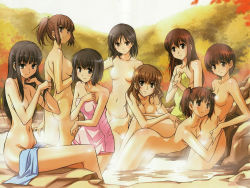 6+girls aihara_nana ass black_hair bob_cut breasts brown_hair censored convenient_censoring covering_privates everyone futami_eriko highres hoshino_yuumi hug itosugi_masahiro kimi_kiss kuryuu_megumi long_hair mizusawa_mao multiple_girls naked_towel no_nipples non-web_source nude nude_cover onsen ponytail sakino_asuka satonaka_narumi shijou_mitsuki short_hair steam steam_censor towel towel_on_legs twintails water