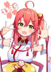:d absurdres ahoge bell detached_sleeves double-parted_bangs finger_counting green_eyes hair_bell hair_ornament hairclip hands_up highres hololive japanese_clothes jingle_bell kimono light_blush long_hair obi one_side_up open_mouth pink_hair sakura_miko sakura_miko_(1st_costume) sash shiotsuke_sasami simple_background sleeveless sleeveless_kimono smile straight-on upper_body virtual_youtuber white_background white_kimono wide_sleeves x_hair_ornament yellow_sash