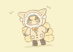 1girl animal_ears animal_hood arknights black_boots black_gloves black_pantyhose blue_hairband blush boots bow brown_background brown_jacket chibi commentary_request fake_animal_ears fox_hood fox_tail full_body fur-trimmed_boots fur-trimmed_hood fur-trimmed_sleeves fur_trim gloves green_eyes hair_between_eyes hairband hood hood_up hooded_jacket hosshii_(comet_mura) jacket looking_at_viewer notice_lines orange_bow pantyhose solo standing suzuran_(arknights) tail