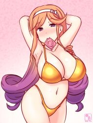 1girl artist_logo bikini breasts condom condom_in_mouth cowboy_shot dated drill_hair gold_bikini gradient_hair hairband highleg highleg_bikini kanon_(kurogane_knights) kantai_collection large_breasts logo long_hair mouth_hold multicolored_hair navel orange_hair purple_eyes purple_hair solo swimsuit white_hairband yuugure_(kancolle)