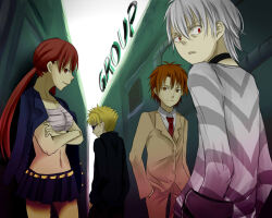 Rule 34 | 1girl, 3boys, a certain high school uniform, accelerator (toaru majutsu no index), albino, alley, bandages, bare arms, belt, black choker, black jacket, black pants, blonde hair, blue jacket, breasts, brown eyes, brown hair, brown jacket, brown pants, brown suit, building, buttons, choker, closed mouth, collarbone, collared shirt, commentary, cowboy shot, crossed arms, crutch, day, diagonal-striped clothes, diagonal-striped shirt, etzali, formal clothes, from behind, from side, gakuran, green background, grey shirt, group (toaru), hair between eyes, hand in pocket, highres, holding, jacket, jacket on shoulders, kirigaoka girls&#039; academy school uniform, light smile, long hair, long sleeves, looking at viewer, low twintails, medium breasts, medium hair, miniskirt, multiple boys, musujime awaki, navel, necktie, negiko123123, open clothes, open jacket, outdoors, pants, parted lips, pleated skirt, red eyes, red hair, red necktie, sarashi, school uniform, shirt, short hair, skirt, smile, standing, stomach, striped clothes, striped shirt, suit, sunglasses, toaru majutsu no index, toaru majutsu no index: old testament, tsuchimikado motoharu, twintails, unabara mitsuki, upper body, white hair, white shirt, winter uniform, yellow belt