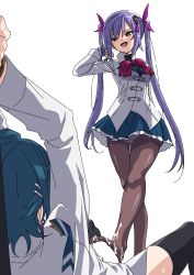 1futa 1girl :d absurdres aizawa_kazuha arm_behind_back arms_up assault_lily assertive_female black_legwear blank_censor blue_hair blue_skirt bound bound_wrists bow bowtie breasts brown_legwear buttons censored clothed_sex commentary_request cum cum_on_body cum_on_clothes cum_on_feet facing_away footjob frilled_skirt frills from_below futa_with_female futanari futasub hair_between_eyes hair_flip hair_ornament hair_ribbon hairclip hand_up herensuge_girls_academy_school_uniform highres jacket knees_up leg_up light_blush long_hair long_sleeves looking_at_another looking_down lying matsumura_fuuka medium_breasts miniskirt mototenn multiple_girls naughty_face no_shoes on_back open_mouth panties panties_under_pantyhose pantyhose penis pink_eyes pink_ribbon purple_hair red_bow red_bowtie restrained ribbon school_uniform short_hair sidelocks simple_background skirt smile spread_legs standing sweat tassel thighhighs twintails underwear upskirt very_long_hair white_background white_jacket white_panties