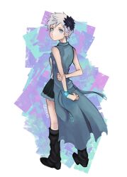 Rule 34 | 1girl, artist name, black boots, black flower, black skirt, blue coat, blue eyes, boots, bright pupils, closed mouth, coat, commentary, english commentary, eyelashes, flower, full body, hair flower, hair ornament, highres, holding own arm, kyokugen dasshutsu, kyokugen dasshutsu adv: zennin shibou desu, looking back, open clothes, open coat, phi (kyokugen dasshutsu), qoya0, short hair, skirt, sleeveless, sleeveless coat, solo, standing, very short hair, white hair, white pupils