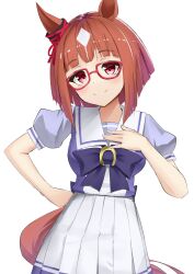 1girl animal_ears ao_komhur bow bowtie breasts brown_hair closed_mouth commentary ear_ribbon glasses hand_on_own_chest hand_on_own_hip hand_up highres horse_ears horse_girl horse_tail looking_at_viewer medium_breasts medium_hair pleated_skirt puffy_short_sleeves puffy_sleeves purple_bow purple_bowtie purple_shirt red-framed_eyewear red_eyes red_ribbon ribbon sailor_collar school_uniform shirt short_sleeves simple_background skirt smile solo standing tail tracen_school_uniform transcend_(umamusume) umamusume white_background white_sailor_collar white_skirt