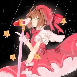 Rule 34 | 1girl, 503759336, black background, bow, bowtie, brown hair, cardcaptor sakura, dress, falling star, highres, kinomoto sakura, looking at viewer, medium hair, pink bow, pink bowtie, pink dress, solo, star (symbol)