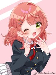 Rule 34 | 1girl, ;d, black jacket, blunt bangs, blush, breasts, bun with braided base, buttons, collared shirt, commentary request, dress shirt, flower hairpin, fukune koko, green eyes, hair bun, hair ornament, hairpin, highres, index finger raised, jacket, large breasts, long sleeves, looking at viewer, love live!, love live! nijigasaki high school idol club, medium hair, multiple hairpins, neck ribbon, nijigasaki school uniform, number four (asl), one eye closed, open mouth, pink background, pink hair, plaid clothes, plaid skirt, pleated skirt, red ribbon, ribbon, school uniform, shirt, simple background, single hair intake, single side bun, skirt, smile, solo, twitter username, uehara ayumu, upper body, white shirt, white skirt, winter uniform