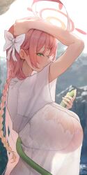 1girl absurdres arca.live_(website) blue_archive breasts bubble99 commentary_request green_eyes hanako_(blue_archive) hanako_(swimsuit)_(blue_archive) highres holding holding_hose hose korean_commentary large_breasts long_hair looking_at_viewer official_alternate_costume outdoors pink_hair see-through_silhouette shirt short_sleeves sideways_glance smile solo white_shirt