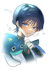 1boy absurdres animal animal_on_shoulder black_bodysuit black_bridal_gauntlets black_hair blubberbeast_(genshin_impact) blue_cape blue_eyes blue_hair blunt_ends bodysuit bridal_gauntlets cape colored_tips cropped_torso eyelashes fingernails food genshin_impact highres holding holding_food japanese_clothes kimono looking_at_viewer male_focus multicolored_hair nero_hanken open_clothes open_kimono open_mouth purple_hair scaramouche_(genshin_impact) sidelighting solo turtleneck turtleneck_bodysuit wanderer_(genshin_impact) watermark white_background white_kimono white_mouth wispy_bangs