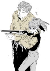 1girl aiming ass black_pants black_vest brown_shirt closed_mouth collared_shirt cowboy_shot finger_gun finger_on_trigger floating_hair freckles gloves grey_gloves grey_pants gun hands_up highres holding holding_gun holding_weapon leaning_on_person leaning_to_the_side long_sleeves looking_away mgong520 original pants partially_colored ponytail puffy_long_sleeves puffy_sleeves rifle ringlets round_eyewear scar scar_across_eye scar_on_face shirt short_hair simple_background standing sunglasses teaching vest weapon