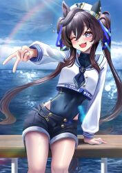 Rule 34 | 1girl, :3, ;d, absurdres, alternate costume, animal ears, arm support, beret, black shorts, blue eyes, blue nails, blue one-piece swimsuit, blush, breasts, brown hair, cloud, cloudy sky, commentary, covered collarbone, covered navel, cowlick, crop top, ear covers, glint, gyaru v, hair between eyes, hair ornament, hair ribbon, hat, highres, horse ears, horse girl, horse tail, light rays, long hair, long sleeves, looking at viewer, manjo (warito), medium breasts, mole, mole under eye, ocean, one-piece swimsuit, one eye closed, open mouth, outdoors, rainbow, ribbon, sailor collar, sailor shirt, shirt, short shorts, shorts, sidelocks, single ear cover, sitting, sky, smile, solo, swimsuit, swimsuit under clothes, tail, twintails, umamusume, v, vivlos (umamusume), white hat, white shirt