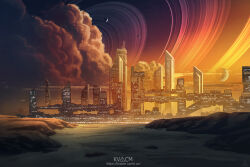 artist_logo building city cityscape cloud commentary english_commentary gradient_sky kvacm logo moon no_humans original planetary_ring scenery science_fiction sky sky_focus skyline skyscraper star_(sky) sunset