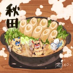 3others akita_prefecture artist_name backpack bag blue_jacket bowl bucket commentary fish flying_fish flying_sweatdrops food food_focus gloves gohei helmet highres holding holding_bucket holding_gohei holding_knife jacket kazunoko_(kazunoko_zunoco) kiritanpo_(food) knife mask mini_person multiple_others namahage oni_mask original radio_antenna rice running signature space_helmet standing steam table translated white_gloves wooden_bucket