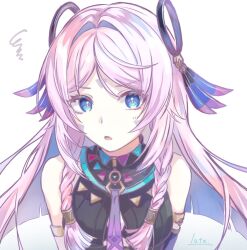 1girl bare_shoulders blue_eyes braid breasts citlali_(genshin_impact) facial_mark forehead_mark genshin_impact highres long_hair looking_at_viewer luta_(luta_1013) open_mouth pink_hair simple_background sleeveless solo twin_braids upper_body very_long_hair white_background