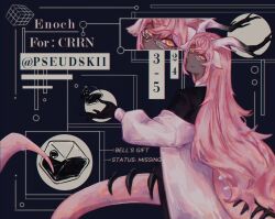 1girl antlers coat dark-skinned_female dark_skin deer_antlers deer_girl enoch_(crrn) glasses grin horns long_hair looking_at_viewer original pink_hair pink_tail pseudskii smile solo very_long_hair white_coat yellow_eyes