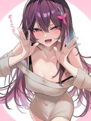 1girl :d alternate_costume azki_(hololive) bare_shoulders blush bra_strap breasts cleavage collarbone commentary_request cowboy_shot double-parted_bangs dress fang hair_between_eyes hair_ornament hands_up highres hololive long_hair long_sleeves looking_at_viewer off-shoulder_dress off_shoulder omoti_(1201208) open_hands open_mouth pink_background purple_eyes purple_hair skin_fang smile solo straight-on translation_request two-tone_background very_long_hair virtual_youtuber white_background white_dress