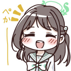 1girl :d ^_^ airi_(blue_archive) blue_archive blush bow brown_hair closed_eyes facing_viewer food-themed_hair_ornament grey_sailor_collar hair_ornament halo ice_cream_hair_ornament long_hair notice_lines one_side_up open_mouth sailor_collar school_uniform serafuku shirt simple_background smile solo teeth translation_request unadon_(unadoom) upper_body upper_teeth_only white_background white_bow white_shirt