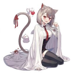 1girl absurdres animal_ears arm_support bed_sheet belt black_belt black_skirt black_thighhighs blush bow breasts cat cat_ears cat_girl cat_tail center_frills collared_shirt dress_shirt ear_piercing earrings fang frills ghost grey_hair hair_ornament hairclip heart high-waist_skirt highres jewelry large_breasts long_sleeves looking_at_viewer lunyaria maro_(neneko_mashiro) miniskirt multicolored_hair necktie neneko_mashiro open_mouth pencil_skirt piercing red_bow red_eyes red_hair red_necktie shirt shirt_tucked_in short_hair simple_background sitting skirt smile solo stellive streaked_hair tail tail_bow tail_ornament thighhighs underbust virtual_youtuber white_background white_shirt wing_collar yokozuwari zettai_ryouiki