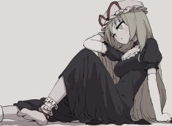 blonde_hair breasts choker cleavage closed_mouth dress elbow_gloves expressionless from_side gloves grey_background hand_in_own_hair hat highres knee_up long_hair medium_breasts mob_cap purple_dress ribbon_choker short_sleeves sitting socks touhou uzou_(uzooooooooo) very_long_hair white_gloves white_socks yakumo_yukari yellow_eyes