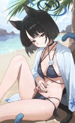 1girl absurdres animal_ear_fluff animal_ears bakeneko bikini black_choker black_nails black_tail blue_archive blue_bikini blue_halo blue_sky blue_tail breasts cat_ears cat_girl cat_tail choker cleavage closed_mouth cloud cloudy_sky commentary_request criss-cross_straps day fingernails gradient_tail halo highres kikyou_(blue_archive) kikyou_(swimsuit)_(blue_archive) knee_up layered_bikini looking_at_viewer medium_breasts multiple_tails nail_polish navel official_alternate_costume outdoors palm_tree short_hair side-tie_bikini_bottom sitting sky smile solo swimsuit tail thighs toi1et_paper tree two_tails