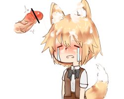 1boy 1girl animal_ear_fluff animal_ears bar_censor black_bow black_bowtie blonde_hair blush bow bowtie brown_vest censored closed_eyes collared_shirt commentary_request cookie_(touhou) crying cum cum_on_hair fox_ears fox_girl fox_tail hetero highres miramikaru_riran open_clothes open_mouth open_vest penis shirt short_sleeves simple_background solo_focus streaming_tears tail tears unimamo upper_body vest white_background white_shirt