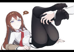 1boy 1girl absurdres ass belt black_pantyhose black_shorts blue_eyes breasts brown_hair brown_jacket chinese_commentary closed_mouth collared_shirt commentary_request crossed_legs feet feet_up foreshortening full_body highres jacket knees_up lan_mao_akko leg_hold legs letterboxed long_hair long_sleeves looking_to_the_side lying makise_kurisu medium_breasts necktie no_shoes off_shoulder okabe_rintarou on_back out_of_frame pantyhose red_necktie shirt short_shorts shorts sidelocks simple_background soles spoken_x spread_toes steins;gate sweatdrop thighs toenails toes white_belt white_shirt