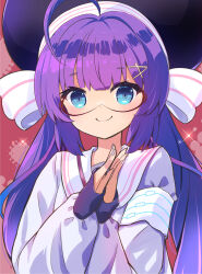 Rule 34 | 1girl, ahoge, animal hat, armband, black hat, blue eyes, blunt bangs, closed mouth, eel hat, goggles, gradient hair, hair between eyes, hair ornament, hairclip, halftone, halftone background, hat, hat ribbon, highres, large hat, long hair, long sleeves, looking at viewer, low twintails, mitsugushi yuu, multicolored hair, nail polish, otomachi una, otomachi una (voicepeak), palms together, puffy long sleeves, puffy sleeves, purple hair, purple nails, purple shirt, red-framed eyewear, red background, ribbon, sailor collar, sailor jacket, shirt, shoulder strap, smile, solo, sparkle, talkex, twintails, upper body, variant set, very long hair, voicepeak, white armband, white ribbon, white sailor collar