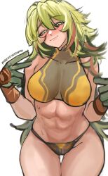 1girl abs absurdres armpit_crease bare_arms bare_shoulders boku_no_hero_academia breasts closed_mouth cowboy_shot crop_top gloves gradient_background green_eyes green_gloves green_hair green_panties green_shirt grey_background hagakure_toru hair_between_eyes half-closed_eyes halter_shirt halterneck hands_up highres large_breasts long_hair looking_at_viewer multicolored_hair navel nero_watch official_alternate_costume orange_hair panties pointing pointing_at_self shirt sleeveless sleeveless_shirt smile solo standing stomach streaked_hair two-tone_gloves two-tone_shirt underwear unusually_visible wavy_hair white_background yellow_gloves yellow_shirt