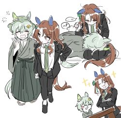 2girls animal_ears black_jacket black_pants blush blush_stickers brown_hair bucket_hat chibi collared_shirt crossed_legs ear_covers ears_through_headwear green_hair green_hakama green_hat green_necktie grey_kimono hakama hat highres holding_finger horse_ears horse_girl horse_tail jacket japanese_clothes kimono king_halo_(umamusume) lap_pillow long_hair long_sleeves looking_at_another multiple_girls multiple_views necktie open_clothes open_jacket pants seiun_sky_(umamusume) shirt short_hair side_ponytail sparkle speech_bubble squeans sweatdrop table tail umamusume umayuru unseuking0427 white_background white_shirt wide_sleeves yawning yuri