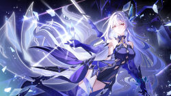 1girl bare_shoulders breasts broken_glass chirippu cleavage closed_mouth comet commentary crossed_bangs crystal_shards dress genshin_impact glass glass_shards glint glowing hair_between_eyes hair_ornament halter_dress halterneck hand_up highres holding holding_weapon large_breasts light_particles long_hair looking_at_viewer night night_sky object_floating_above_hand prosthesis prosthetic_arm prosthetic_leg purple_dress red_eyes short_dress skirk_(genshin_impact) sky solo sparkle thighs very_long_hair weapon white_hair