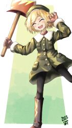 1girl :d axe black_pantyhose blonde_hair boots brown_boots brown_gloves buttons closed_eyes coat commentary_request dated facing_viewer fate/grand_order fate_(series) fur-trimmed_coat fur_trim gloves green_background green_coat highres holding holding_axe long_sleeves open_mouth pantyhose paul_bunyan_(fate) pocket short_hair smile solo standing standing_on_one_leg teeth tsukaasa upper_teeth_only white_background