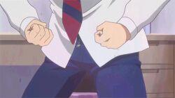 3boys animated anime_screenshot black_hair blonde_hair danshi_koukousei_no_nichijou looking_at_another lowres multiple_boys necktie open_mouth surprised sweat tabata_hidenori tadakuni_(danshi_kokosei_no_nichijou) tanaka_yoshitake trembling unzipping zipper