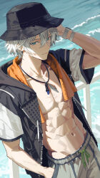 1boy absurdres against_railing arm_up black_hat closed_mouth commentary_request cowboy_shot green_eyes grey_hair hair_between_eyes hand_in_pocket hat highres jacket looking_at_viewer male_focus maria_(maria_rose) navel open_clothes open_jacket outdoors railing short_hair short_sleeves solo toned toned_male towel towel_around_neck unzipped water wise_(peaceful_waves)_(zenless_zone_zero) wise_(zenless_zone_zero) zenless_zone_zero