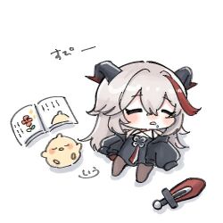 Rule 34 | 1girl, azur lane, bare shoulders, black dress, black horns, book, chibi, chibi only, dress, grey hair, horns, i upiyo01, little aegir (azur lane), lowres, manjuu (azur lane), multicolored hair, open book, red hair, simple background, sleeping, streaked hair, toy sword, white background