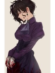 Rule 34 | 1girl, absurdres, ascot, blood, blood on clothes, blood on hands, breasts, brown hair, closed mouth, commentary, dress, earrings, ebora, eyelashes, gloves, grey background, half-closed eyes, high ponytail, highres, jewelry, large breasts, layered ascot, pillarboxed, ponytail, purple ascot, purple dress, side ponytail, simple background, solo, standing, umineko no naku koro ni, ushiromiya natsuhi, wavy hair, white gloves