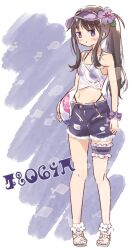 1girl akemi_homura ball bathingsuit beachball black_hair blush bracelet breasts chocolate_blossom flower flowers_in_hair grey_background hair_flower hair_ornament jewelry long_hair mahou_shoujo_madoka_magica midriff nail_polish ocean_background pants parted_bangs ponytail purple_flower sandals shirt shorts small_breasts solo_focus strappy_heels swimsuit text_background tied_shirt torn_clothes torn_pants tousled_hair visor_cap white_background white_flower