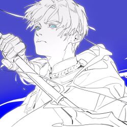 1boy 9mmbullet1 armor blue_background blue_eyes cape closed_mouth dimitri_alexandre_blaiddyd fire_emblem fire_emblem:_three_houses furrowed_brow garreg_mach_monastery_uniform glaring hair_between_eyes holding holding_polearm holding_weapon male_focus nintendo polearm simple_background solo thick_eyebrows upper_body weapon