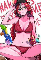 Rule 34 | 1girl, animal ears, bikini, blue eyes, braid, breasts, flip-flops, hakos baelz, highres, hololive, hololive english, indian style, iris (tb33064667), mouse ears, mr. squeaks (hakos baelz), navel, red bikini, red hair, sandals, sitting, striped bikini, striped clothes, super soaker, swimsuit, toes, twin braids, virtual youtuber, visor cap, wet