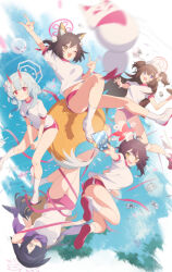 5girls @_@ adjusting_buruma adjusting_clothes animal_ears ball bare_legs black_hair blue_archive blue_hair breasts brown_hair buruma card chise_(blue_archive) doll flying food fox_ears fox_girl fox_mask fox_tail full_body halo highres horns izuna_(blue_archive) jell_(jell_y_fish) kaede_(blue_archive) large_breasts mask medium_breasts multiple_girls official_alternate_costume onigiri shirt shizuko_(blue_archive) small_breasts smile socks t-shirt tail tsukuyo_(blue_archive) twitter white_shirt white_socks