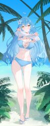 1girl absurdres ahoge aki_uzuki3 alternate_costume beach bikini blue_bikini blue_eyes blue_hair blue_sky breasts closed_mouth clothes_lift colored_tips commentary_request cross-laced_bikini cross-laced_clothes crossed_bangs day double-parted_bangs flower full_body hair_between_eyes hair_flower hair_ornament heart heart_ahoge highres hololive large_breasts long_hair looking_at_viewer multicolored_hair nail_polish navel necktie outdoors pointy_ears shirt shirt_lift side-tie_bikini_bottom sky slippers solo stomach strapless strapless_bikini streaked_hair swimsuit toenail_polish toenails very_long_hair virtual_youtuber white_shirt yellow_eyes yukihana_lamy
