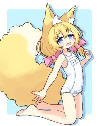 1girl :d animal_ear_fluff animal_ears barefoot blonde_hair blue_eyes blush bow breasts collarbone fang fox_ears fox_girl fox_tail full_body hair_between_eyes hair_ornament highres komataso9 long_hair looking_at_viewer low_twintails name_tag old_school_swimsuit one-piece_swimsuit open_mouth original school_swimsuit small_breasts smile solo swimsuit tail twintails very_long_hair