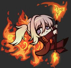 Rule 34 | 1girl, absurdres, ardor blossom star (e.g.o), black shoes, blue eyes, brown coat, brown pants, chibi, closed mouth, coat, e.g.o (project moon), faust (project moon), fiery wings, fire, fire hair ornament, full body, give miol, grey background, half updo, highres, holding, holding staff, limbus company, long sleeves, looking at viewer, orange vest, pants, project moon, shoes, short hair, simple background, solo, staff, standing, vest, white hair, wings