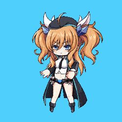 1girl alternate_costume animated animated_gif aqua_eyes artist_collaboration ass bare_legs blonde_hair blue_eyes breasts chibi hat ice large_breasts lilith-soft long_hair looking_to_the_side lowres mist_train_girls official_alternate_costume official_art onizaki_kirara shiny_skin short_shorts shorts standing taimanin_(series) taimanin_rpgx transparent_background twintails very_long_hair white_hair wide_hips