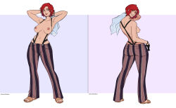 1girl ass breasts breasts_out curvy feet female_focus formal_clothes from_behind gloves highres large_breasts leather looking_at_viewer looking_back nipples pale_skin pants red_eyes red_hair shirt shoes short_hair smile smiley_face standing suspenders the_king_of_fighters thick_lips thick_thighs thighs toes torashu-kun undressing vanessa_(kof) white_shirt wide_hips