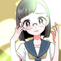 Rule 34 | 1girl, black hair, blue sailor collar, brown eyes, collarbone, eyelashes, fingernails, fujishima moyu, glasses, highres, looking at viewer, original, parted lips, sailor collar, school uniform, serafuku, shirt, short hair, short sleeves, sidelighting, signature, solo, upper body, white shirt