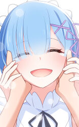 1girl 1other blue_hair closed_eyes hair_ornament hair_ribbon hand_on_another&#039;s_cheek hand_on_another&#039;s_face hand_on_another&#039;s_hand hands_on_another&#039;s_face highres merueru open_mouth re:zero_kara_hajimeru_isekai_seikatsu rem_(re:zero) ribbon roswaal_mansion_maid_uniform short_hair simple_background smile solo_focus tears white_background x_hair_ornament