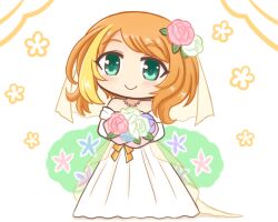 1girl alternate_costume aqua_eyes bad_id bad_twitter_id bare_shoulders blonde_hair blush bouquet bridal_veil bride closed_mouth dress elbow_gloves floral_background flower full_body gloves hair_flower hair_ornament haruna_konomi holding holding_bouquet jewelry long_hair looking_at_viewer magia_record:_mahou_shoujo_madoka_magica_gaiden mahou_shoujo_madoka_magica multicolored_hair necklace orange_hair pearl_necklace pink_flower pink_rose reverse_(bluefencer) rose smile solo standing strapless strapless_dress streaked_hair swept_bangs veil wedding_dress white_background white_dress white_flower white_gloves white_rose