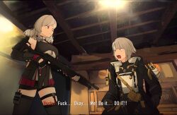 amoncheeto black_gloves bound bound_wrists breasts call_of_duty call_of_duty:_black_ops_2 girls&#039;_frontline gloves grey_hair gun hair_ribbon highres jacket large_breasts multiple_girls pump_action red_eyes ribbon scene_reference short_hair shotgun sitting skirt spas-12 spas-12_(girls&#039;_frontline) subtitled thighhighs tied_up_(nonsexual) vector_(girls&#039;_frontline) weapon yellow_eyes
