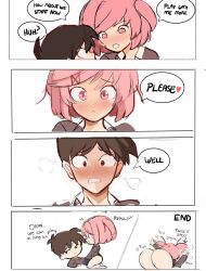 1boy 1girl ass blush bottomless comic doki_doki_literature_club english_text good_end hair_ornament hair_ribbon hairclip hetero highres kiss natsuki_(doki_doki_literature_club) pink_eyes pink_hair protagonist_(doki_doki_literature_club) rakeemspoon red_ribbon ribbon school_uniform short_hair skirt two_side_up